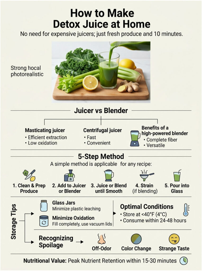 Infographic showing how to make detox juice at home with steps, tips, and comparisons of juicers and blenders.