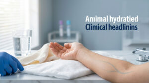 A gloved hand reaches toward a person's outstretched arm on a clinical table with a glass of water nearby.