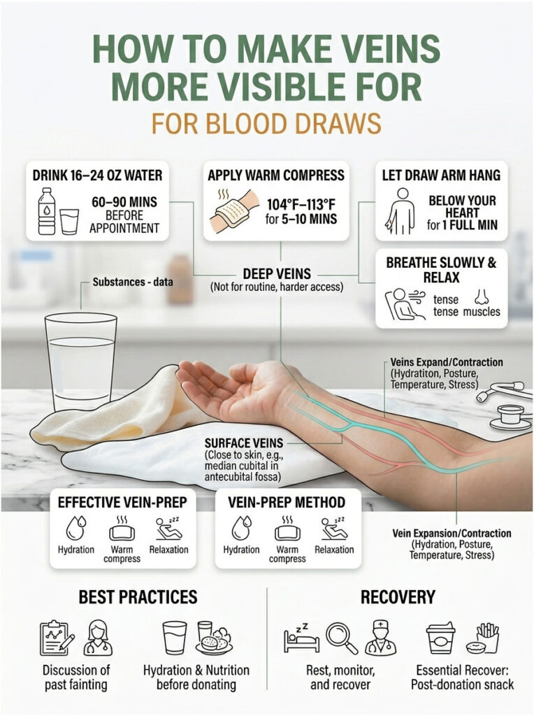 Infographic showing steps to make veins more visible for blood draws, including hydration and warm compress tips.
