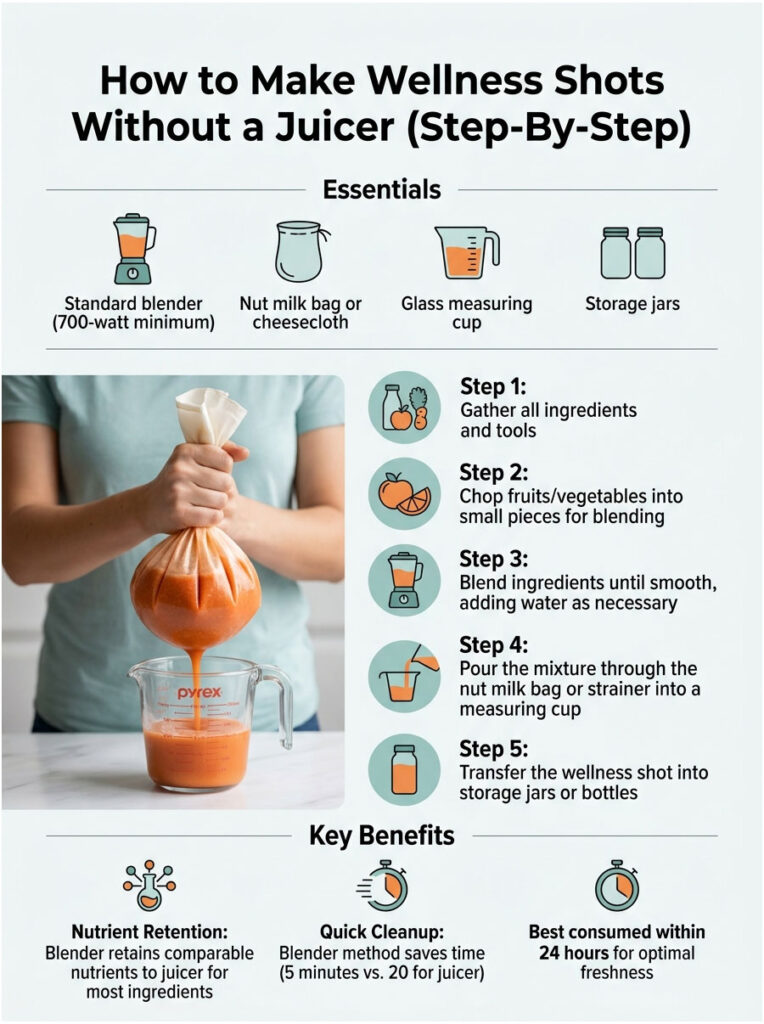 Infographic showing steps to make wellness shots without a juicer, featuring ingredients and tools needed.