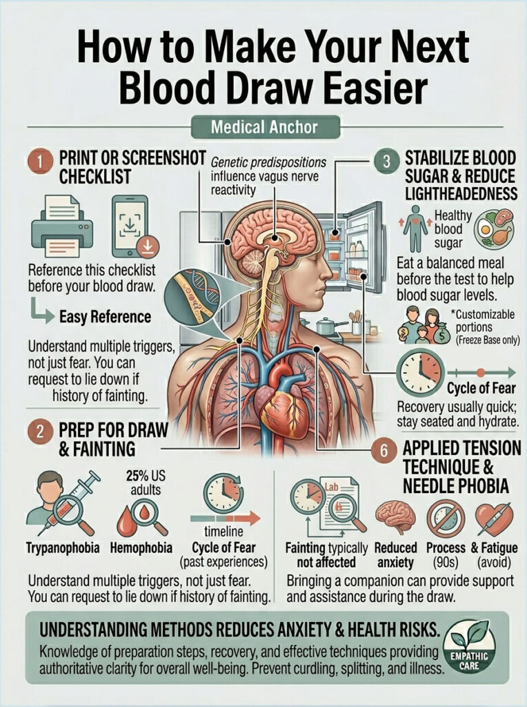 Infographic detailing steps to ease blood draws, including checklists, preparation tips, and anxiety reduction techniques.