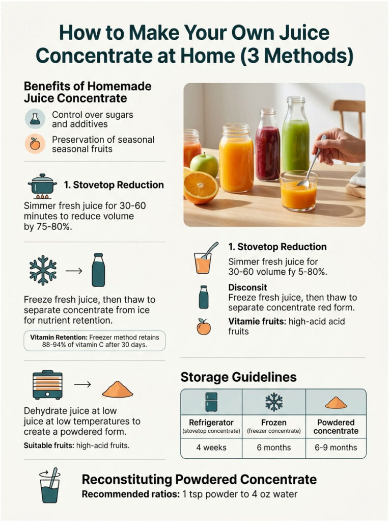 Infographic showing methods to make juice concentrate at home with illustrations and storage guidelines.