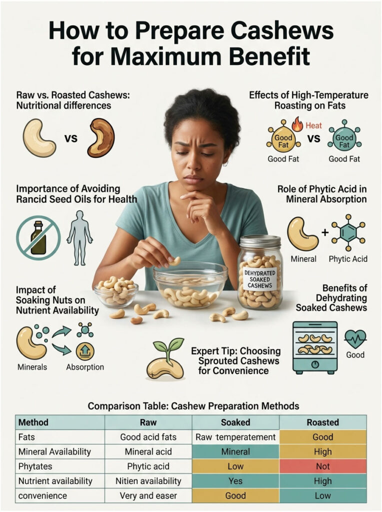 Infographic comparing raw, soaked, and roasted cashews with charts on health benefits and preparation methods.
