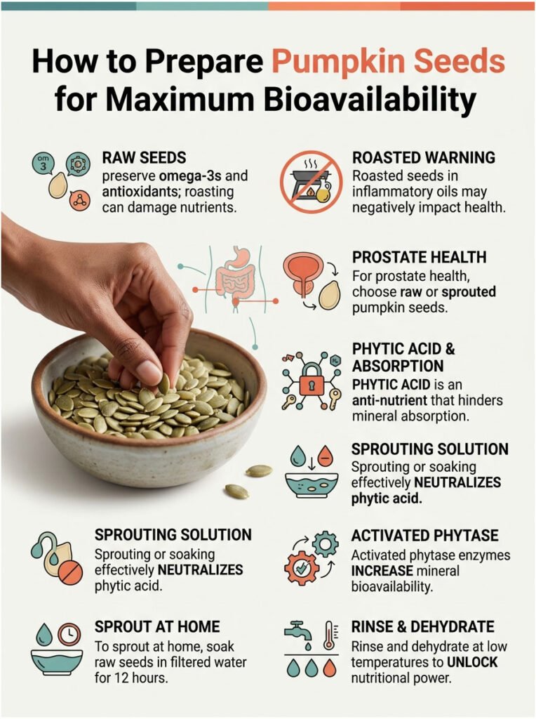 Infographic showing how to prepare pumpkin seeds for maximum bioavailability with text and illustrations.