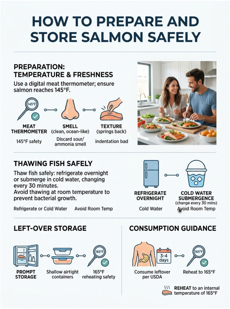 Infographic on safe salmon preparation and storage, featuring temperature guidelines and visual icons.