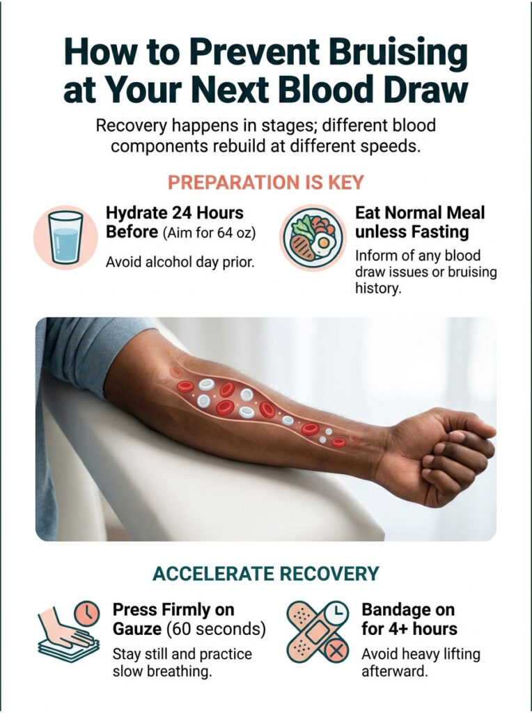 Infographic on preventing bruising during blood draws, featuring tips and illustrations of hydration and recovery steps.
