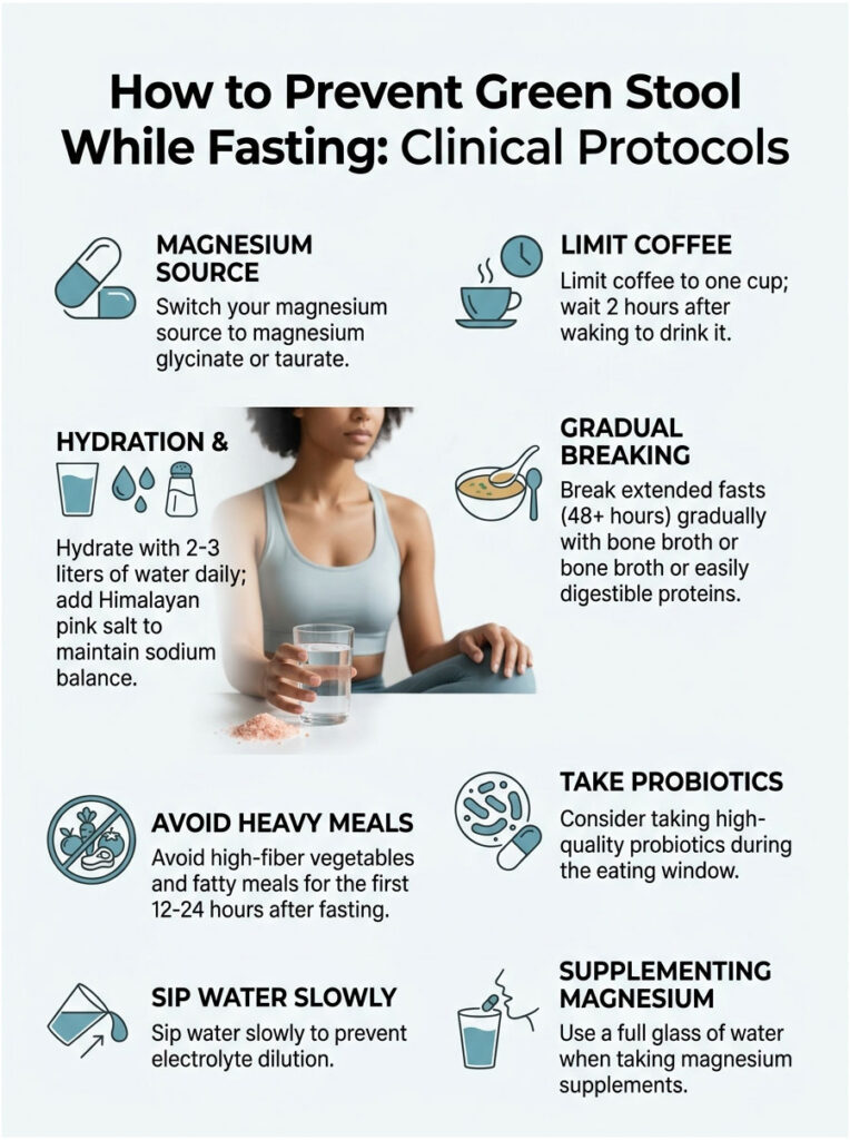 Infographic detailing tips to prevent green stool while fasting, including hydration and magnesium sources.