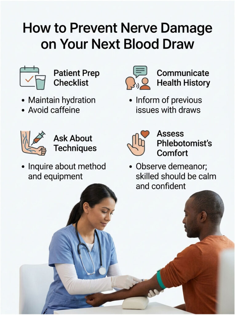 Infographic showing tips to prevent nerve damage during blood draws, featuring a checklist and illustrations.