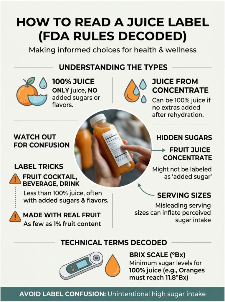 Infographic explaining juice label reading, highlighting types, hidden sugars, and label tricks with illustrations.