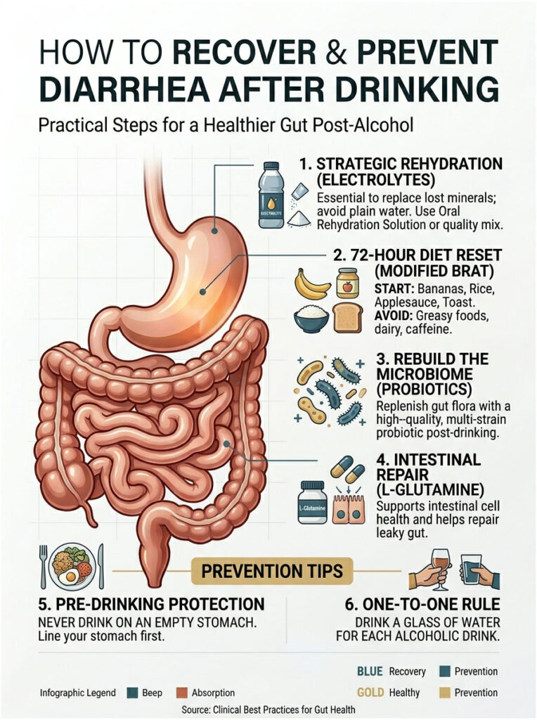 Infographic showing steps to recover from diarrhea after drinking, including hydration and diet tips.