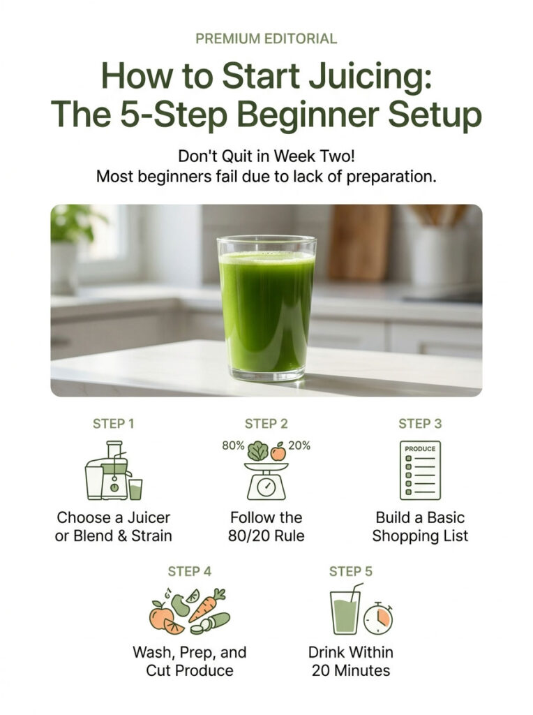 A green juice in a glass with five steps for beginners to start juicing, including icons and text instructions. Infographic.