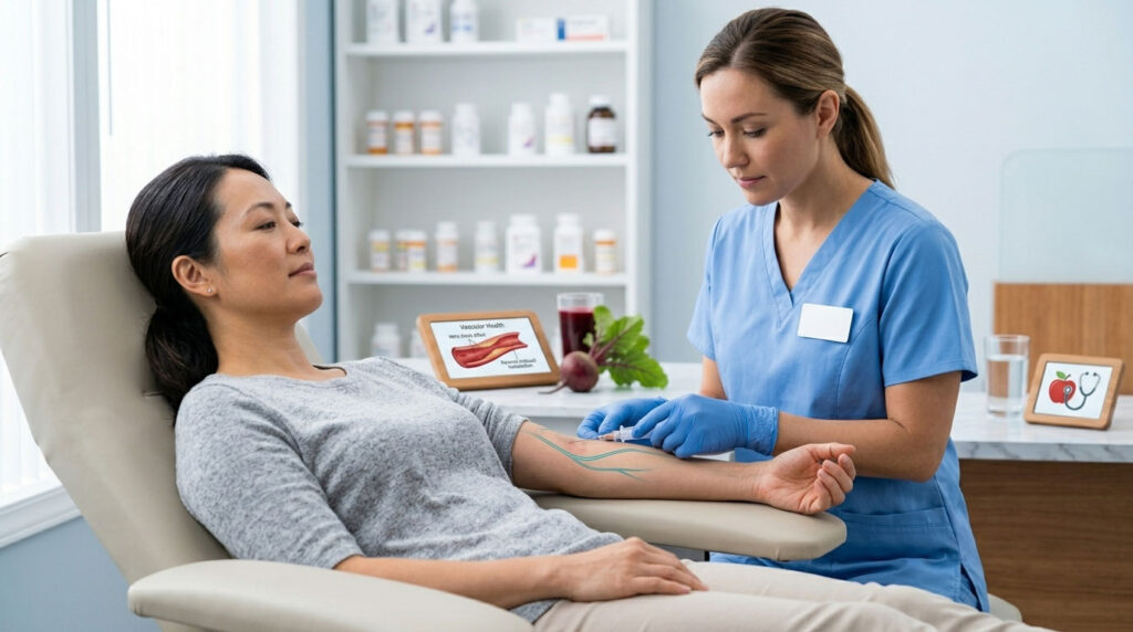 A healthcare professional administers a shot to a patient in a clinic setting, surrounded by medical supplies.