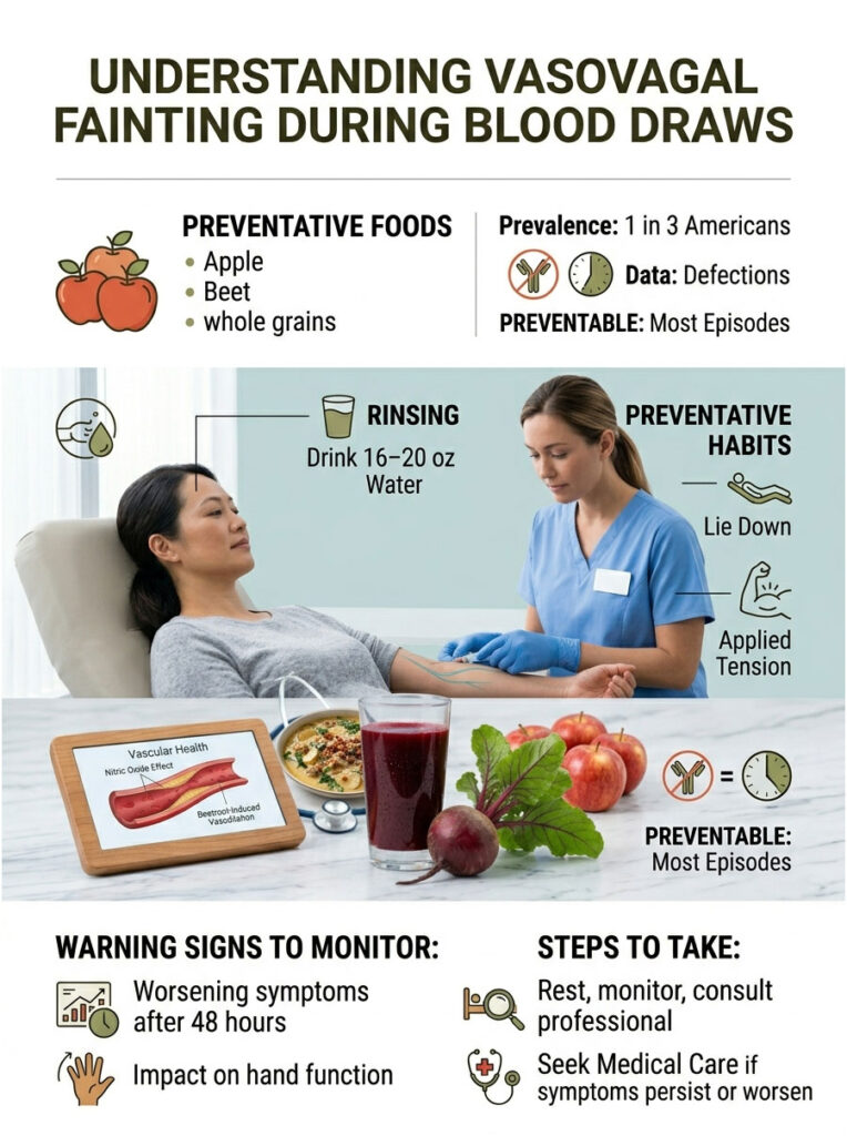 Infographic explaining vasovagal fainting during blood draws with food, habits, and warning signs.