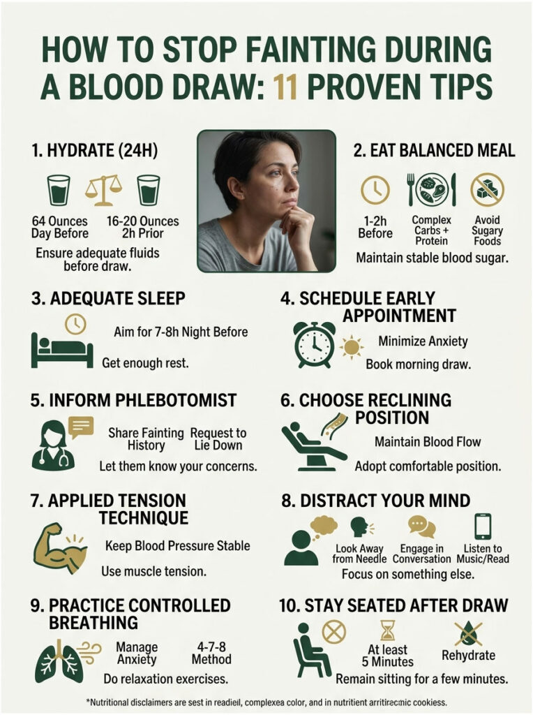 Infographic on preventing fainting during blood draws with 11 tips, including hydration, balanced meals, and breathing techniques.