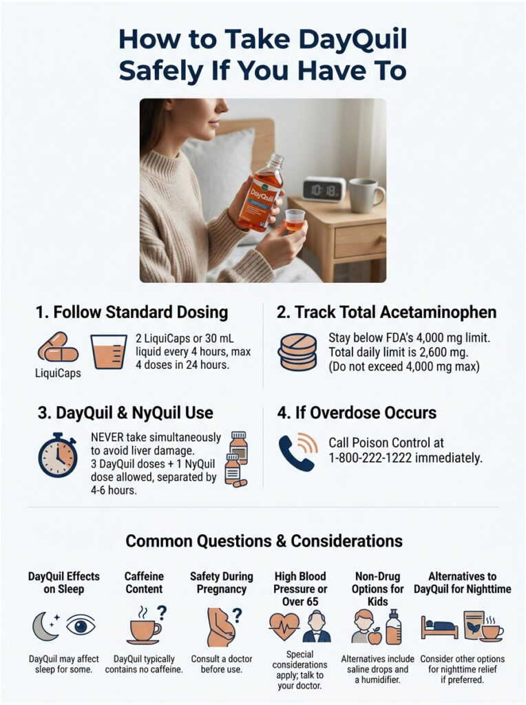 Infographic detailing safe DayQuil usage, including dosing guidelines, overdose instructions, and common questions.