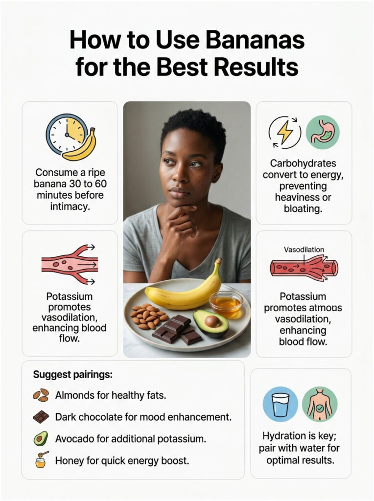 Infographic showing how to use bananas for best results, featuring text, icons, and a woman with food items.