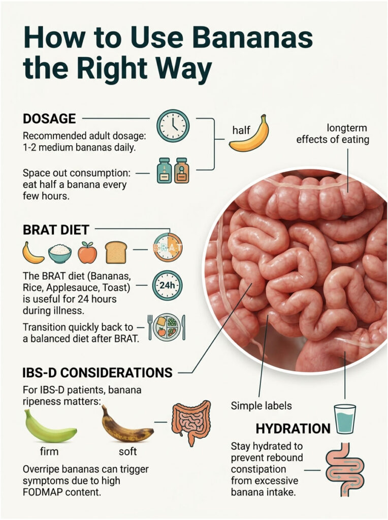 Infographic detailing banana usage, including dosage, BRAT diet, IBS-D considerations, and hydration tips.