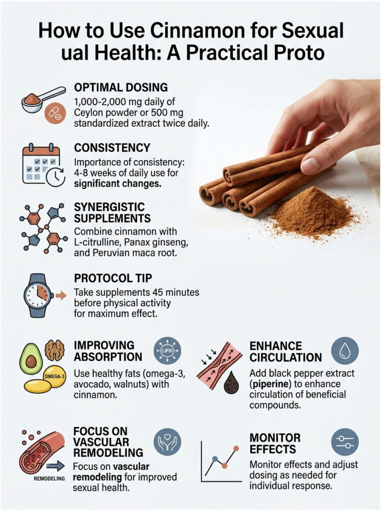 Infographic detailing cinnamon use for sexual health, including dosing, supplements, and absorption tips.