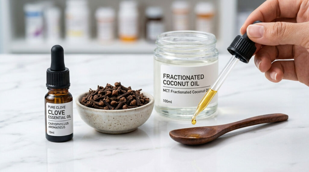 A hand holds a dropper over a wooden spoon with essential oil, clove buds in a bowl, and fractionated coconut oil jar.