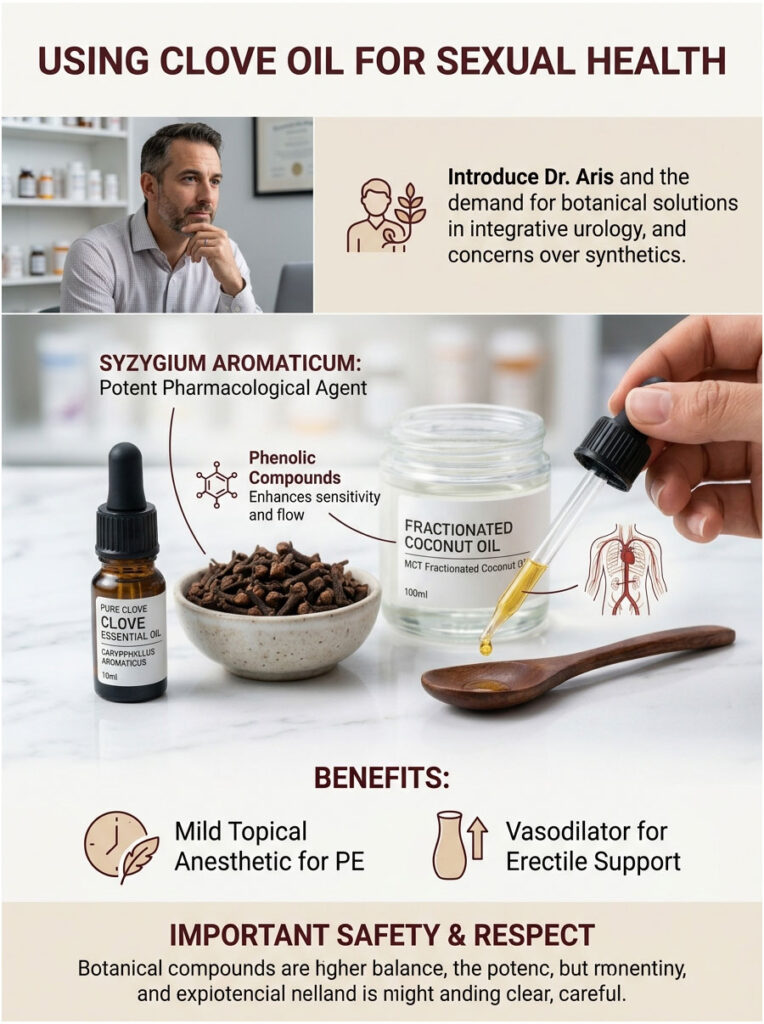 Infographic on using clove oil for sexual health, featuring benefits, ingredients, and safety tips.