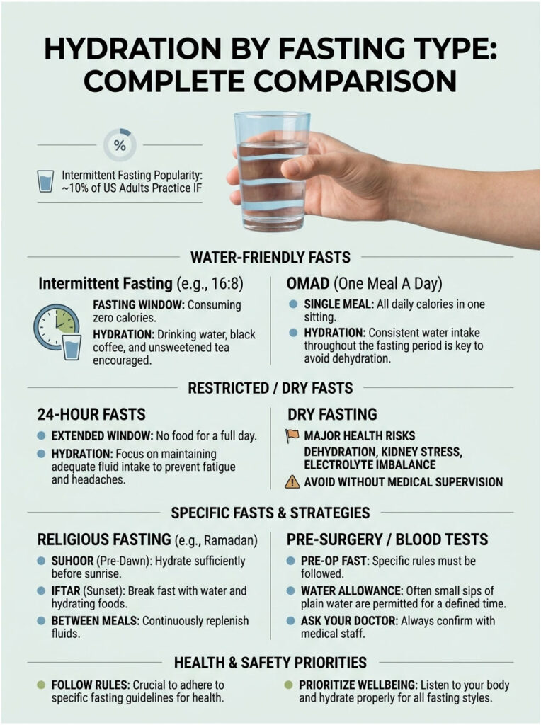 Infographic comparing hydration needs for various fasting types, including Intermittent Fasting and OMAD.