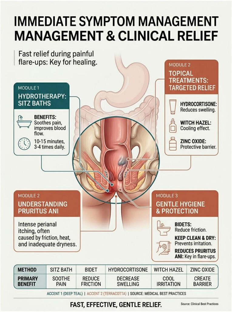 Infographic detailing symptom management for perianal issues, including hydrotherapy, topical treatments, and hygiene tips.