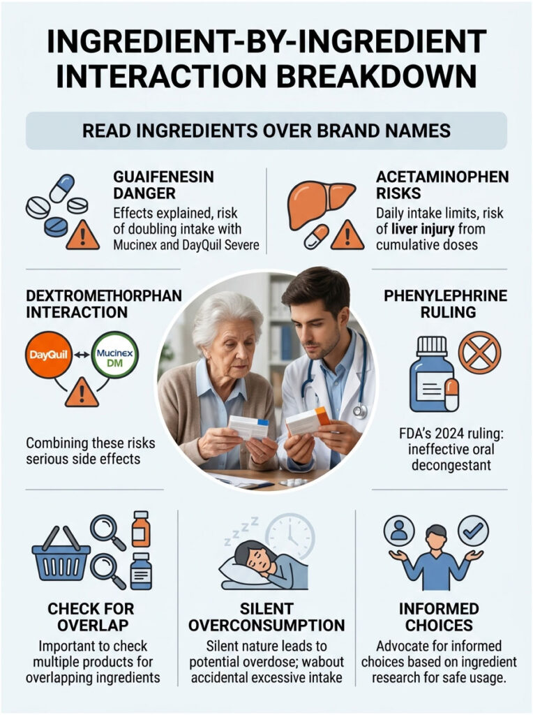 Infographic detailing ingredient interactions, risks, and safety tips with visuals of medications and people discussing them.