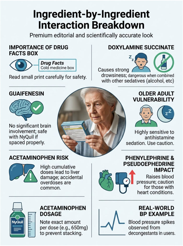 Infographic detailing ingredient interactions in cold medicine, featuring icons and text on safety and risks.