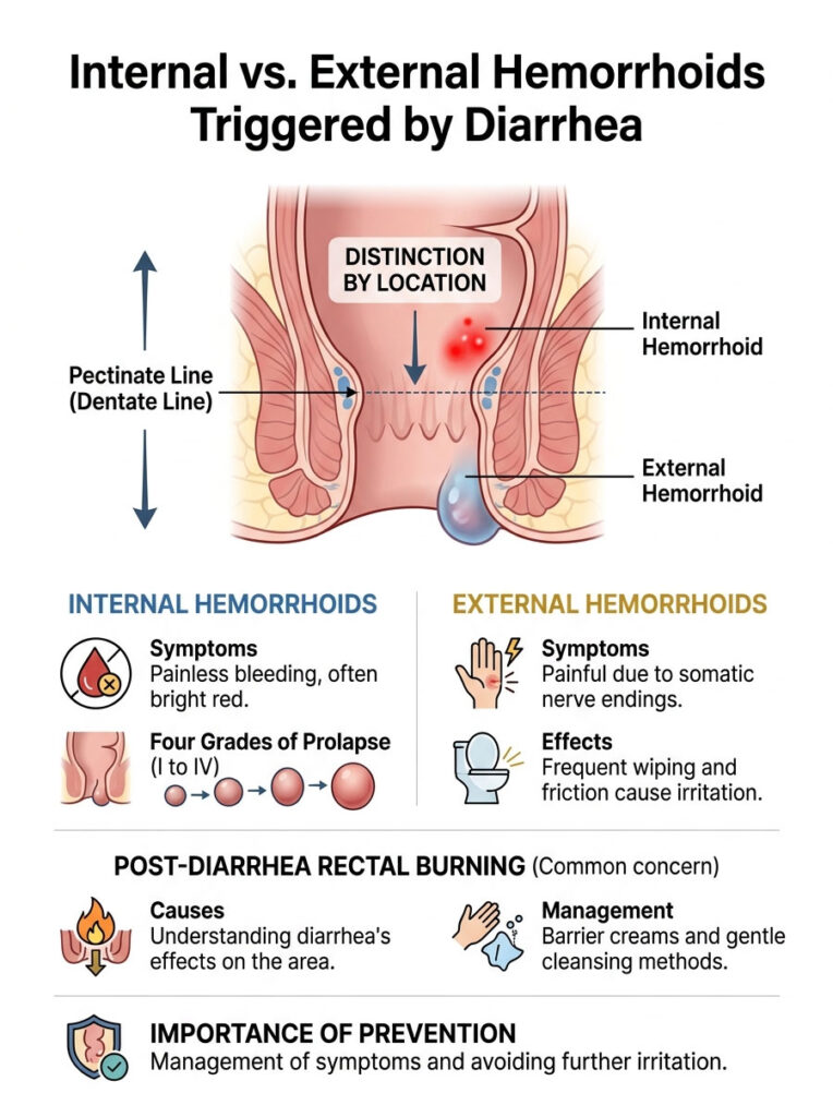 Infographic comparing internal and external hemorrhoids, detailing symptoms, causes, and prevention methods.