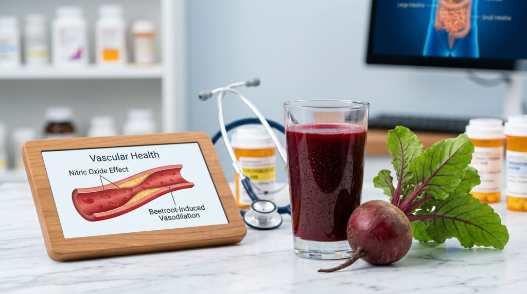 A glass of beet juice sits beside a beetroot and a wooden sign explaining vascular health benefits.