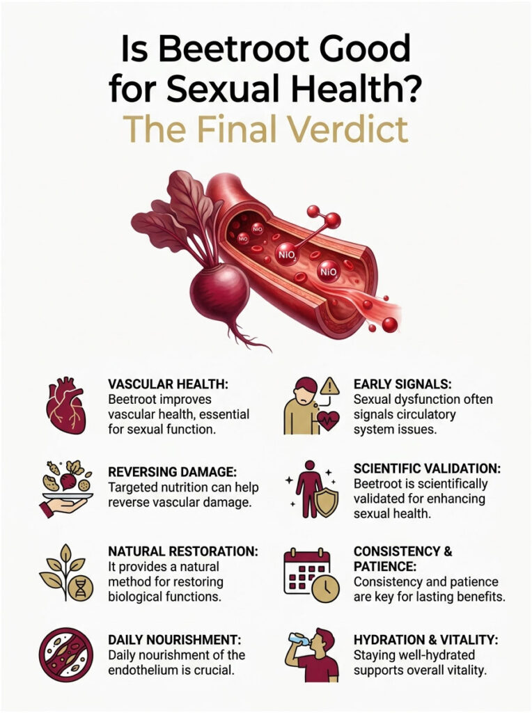 Infographic showing beetroot's benefits for sexual health, including vascular health, hydration, and nutrition tips.