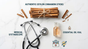 A stethoscope, essential oil vial, and Ceylon cinnamon sticks arranged on a marble surface.