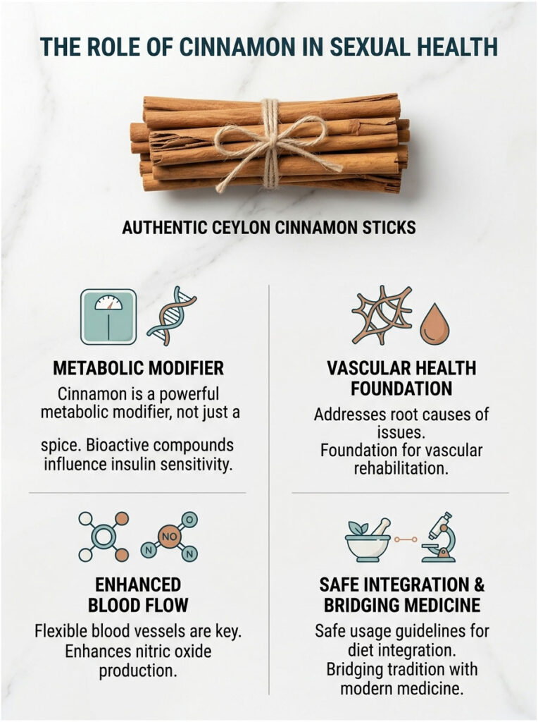 Infographic showing the role of cinnamon in sexual health with text on benefits and authentic Ceylon cinnamon sticks.