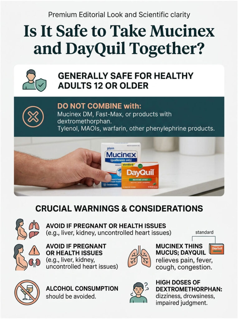 Infographic explaining safety of combining Mucinex and DayQuil, with warnings and considerations listed.