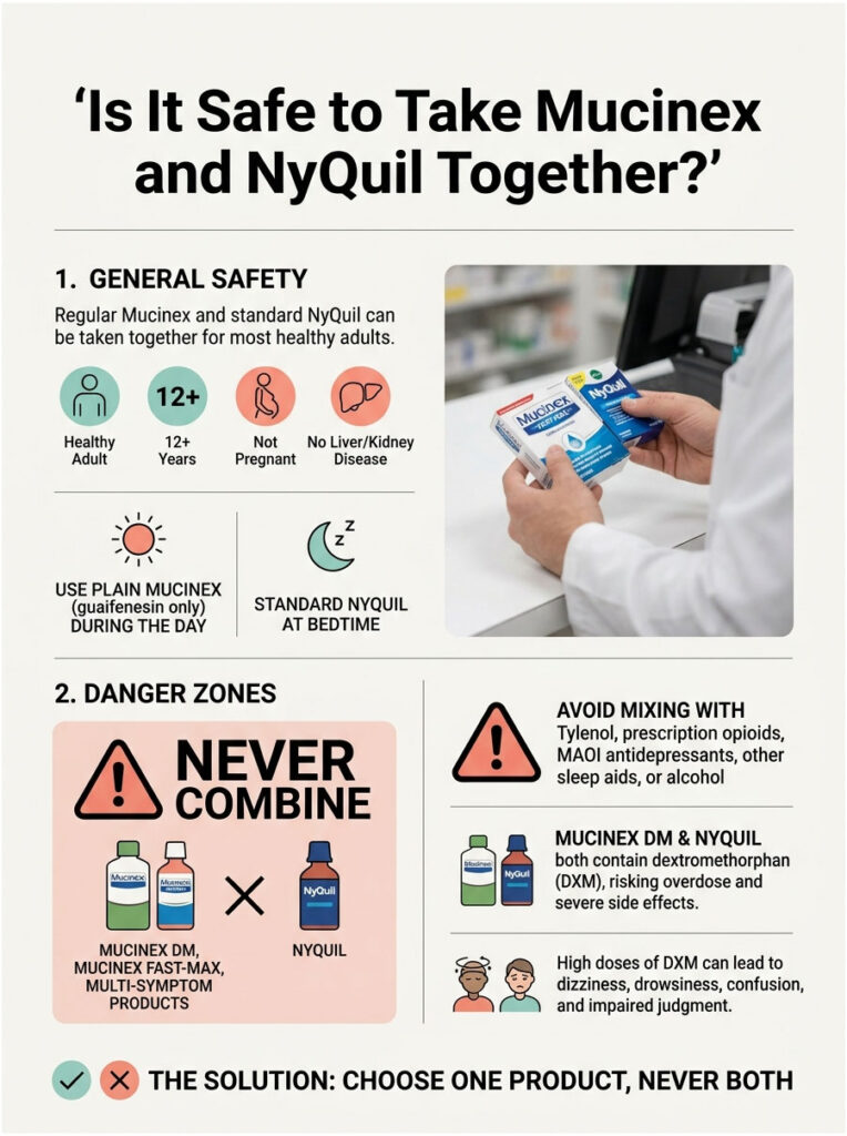 Infographic explaining safety of taking Mucinex and NyQuil together, including warnings and guidelines.