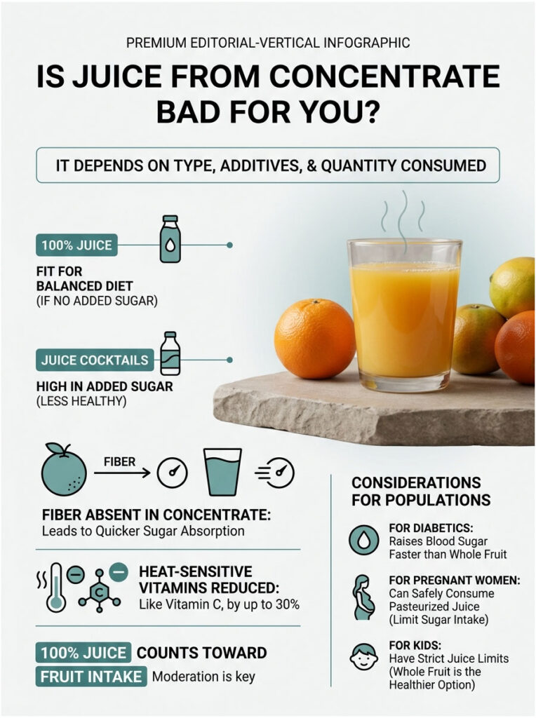 Infographic discussing juice from concentrate, highlighting types, health impacts, and dietary considerations.
