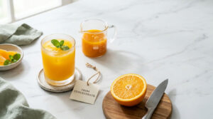 A glass of orange juice with mint sits on a marble table next to a halved orange and a measuring jug of juice.