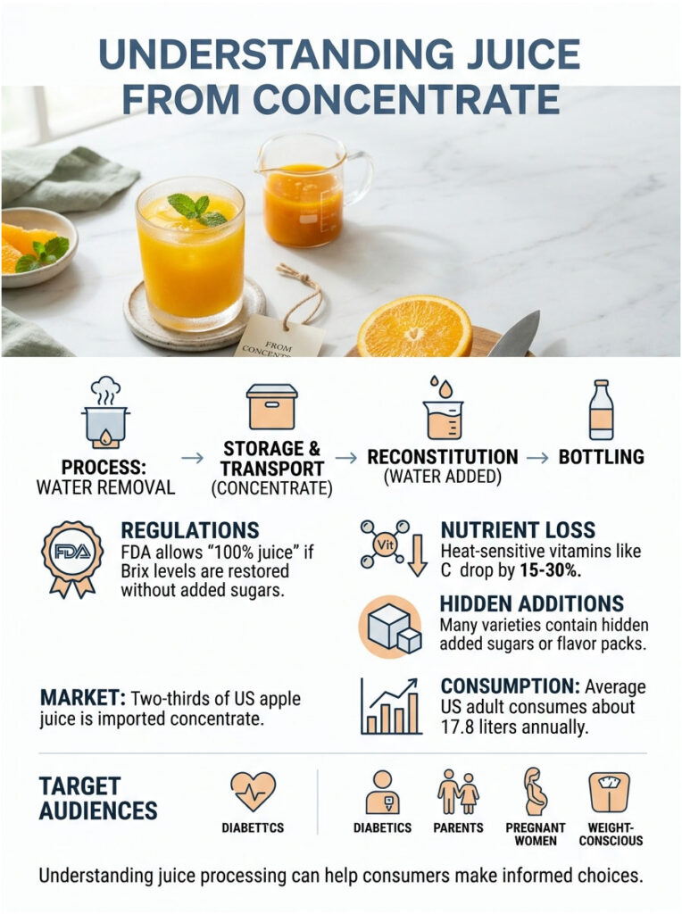 Infographic explaining juice processing from concentrate, including charts, icons, and key data points.