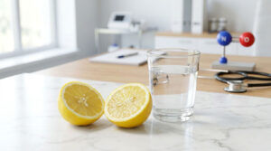A halved lemon sits beside a glass of water on a marble countertop in a bright room.