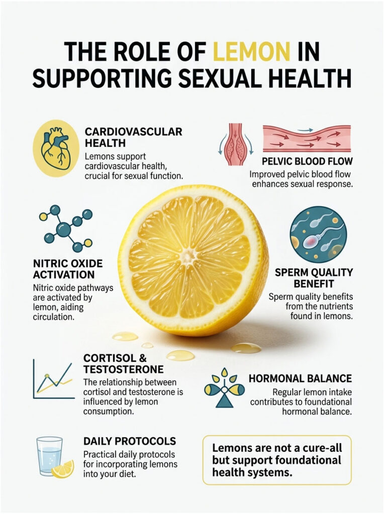 Infographic showing the role of lemon in supporting sexual health with icons and text on various benefits.