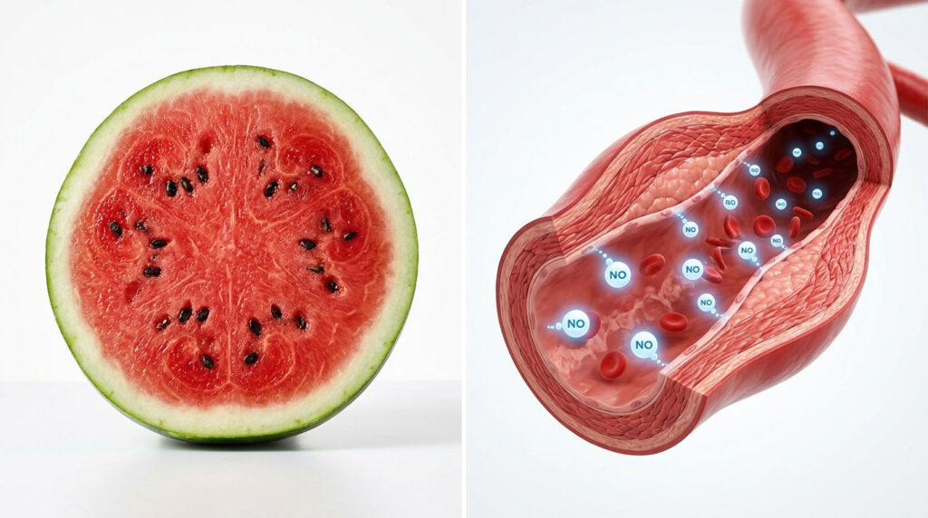 A sliced watermelon reveals red flesh and black seeds, next to a digital illustration of blood vessels with red blood cells.