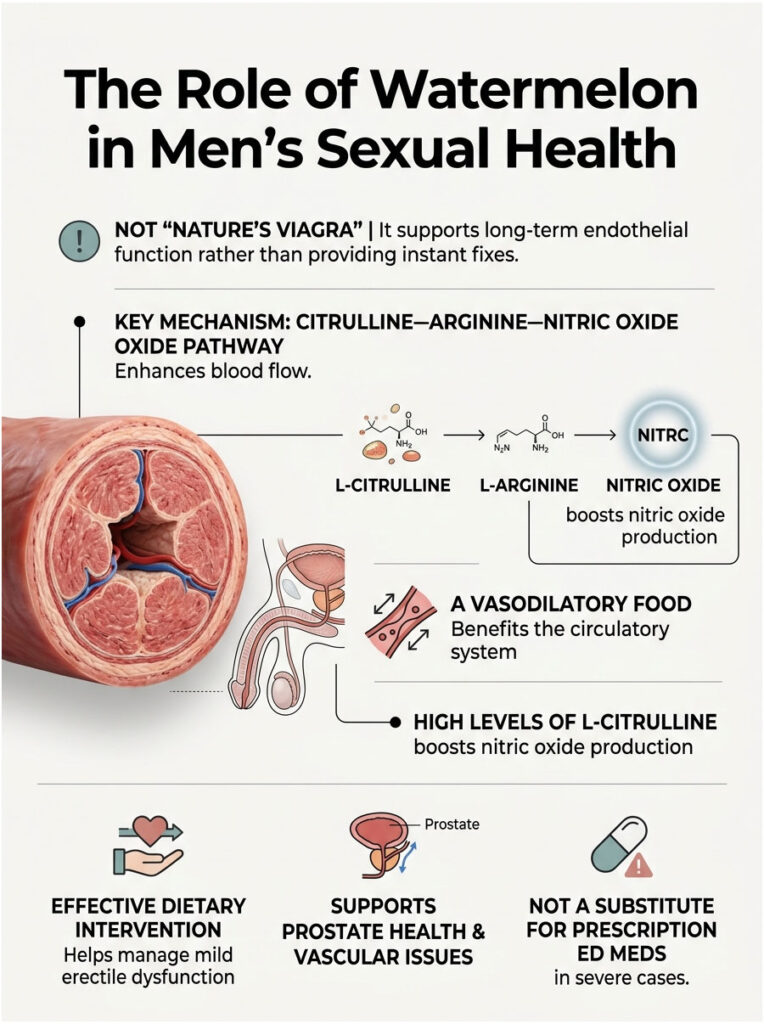 Infographic showing watermelon’s role in men's sexual health, highlighting nitric oxide pathway and dietary benefits.
