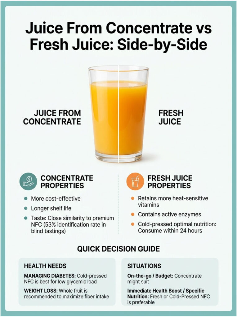 Infographic comparing juice from concentrate and fresh juice, highlighting properties and health needs.