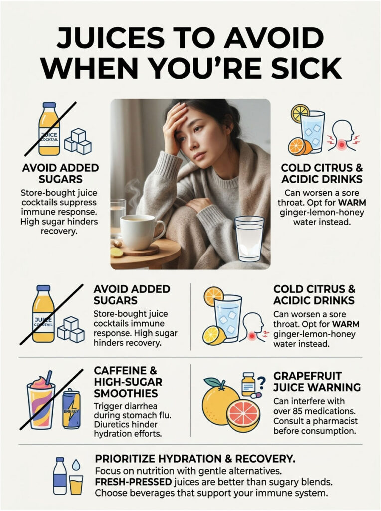 Infographic showing juices to avoid when sick, including added sugars, cold citrus drinks, and caffeine.