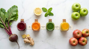 Fresh juices in glass bottles with fruits and vegetables on a marble surface.