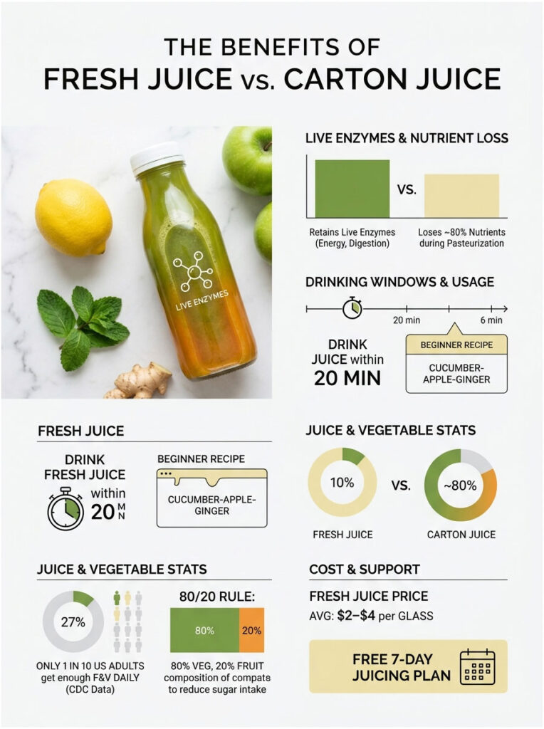 Infographic comparing fresh juice and carton juice benefits, showing enzyme retention, drinking windows, and stats.