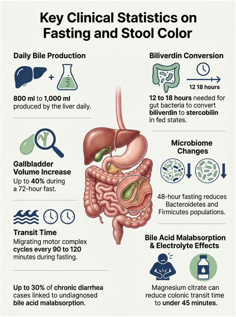 Infographic showing key clinical statistics on fasting and stool color, including bile production and microbiome changes.