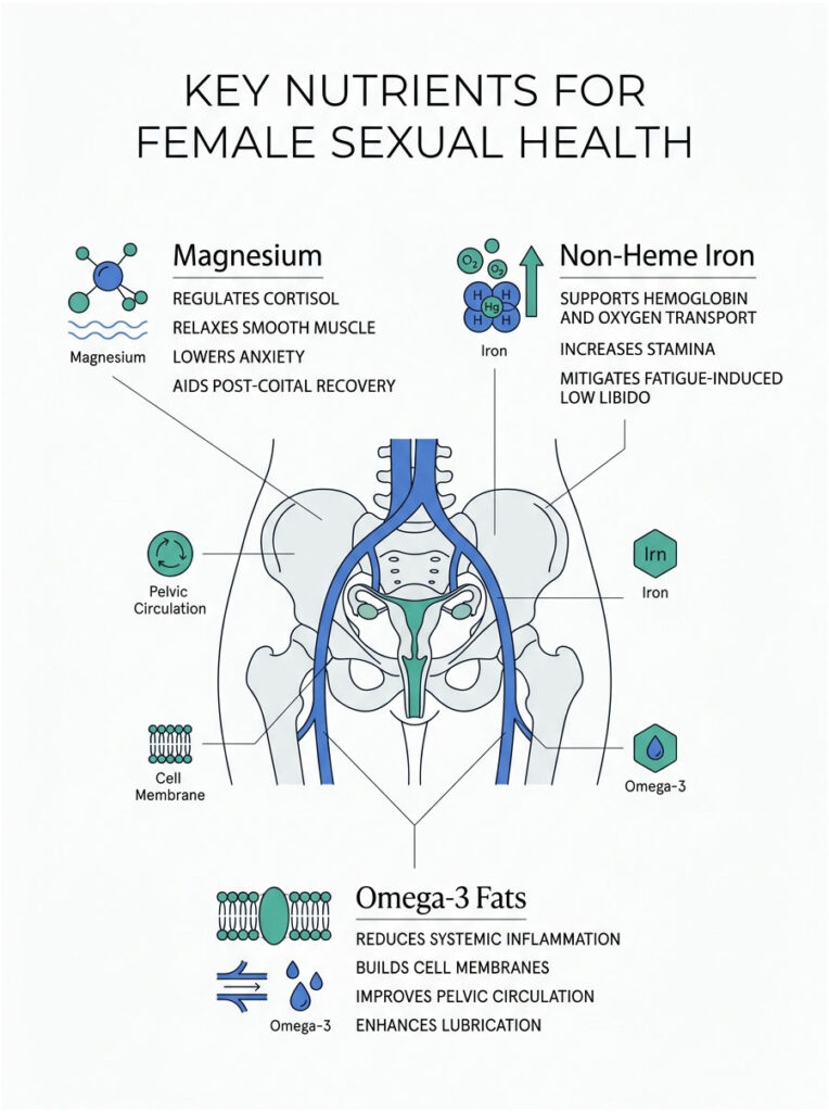 Infographic showing key nutrients for female sexual health, including magnesium, iron, and omega-3 fats with benefits listed.