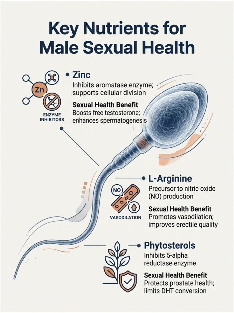 Infographic detailing key nutrients for male sexual health, including zinc, L-arginine, and phytosterols with benefits.