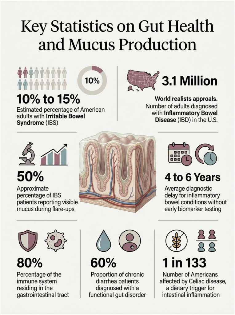 Infographic showing statistics on gut health, including IBS prevalence, IBD diagnoses, and mucus production data.